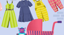 Grafik von Kinderkleidung, einem Kinderwagen und Spielzeug für den Familenflohmarkt am 22.06.2025 in Gelsenkirchen im HIER IST NICHT DA.